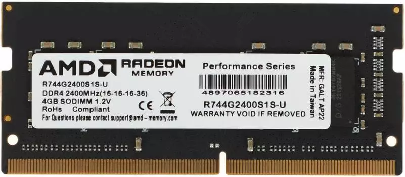 Оперативная память AMD Radeon R7 Performance Series DDR4 - 4Gb, 2400 МГц, SO-DIMM, CL16 (r744g2400s1s-u)