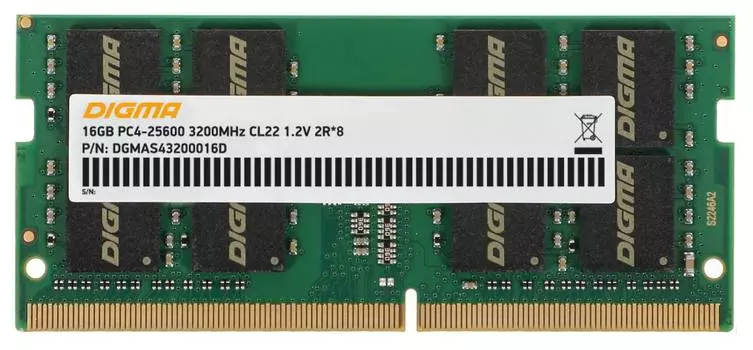 Оперативная память Digma DDR4 - 16Gb, 3200 МГц, SO-DIMM, CL22 (dgmas43200016d)