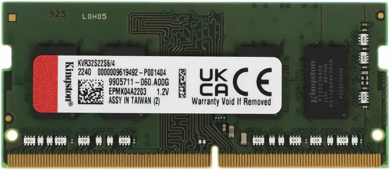 Оперативная память Kingston VALUERAM DDR4 - 4Gb, 3200 МГц, SO-DIMM, CL22 (kvr32s22s6/4)