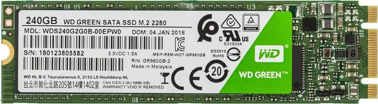 Твердотельный накопитель WD Green 240ГБ, M.2 2280, SATA III WDS240G2G0B