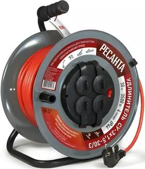 Удлинитель силовой Ресанта СУ-3х1,5-30/3, 30м, розеток 4шт, красный (61/118/7)