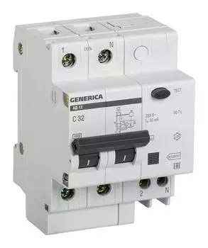 Выключатель автом. дифф. тока IEK АД12 Generica MAD15-2-032-C-030 32A тип C 4.5kA AC 2П 230В 4мод серый (упак.:1шт)