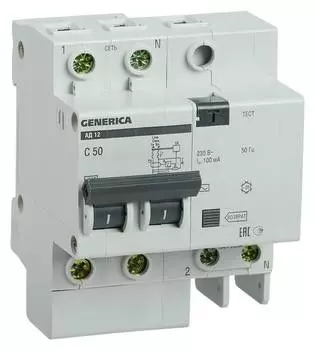 Выключатель автом. дифф. тока IEK АД12 Generica MAD15-2-050-C-100 50A тип C 4.5kA AC 2П 230В 4мод серый (упак.:1шт)
