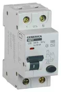 Выключатель автом. дифф. тока IEK АВДТ 32 Generica MAD25-5-020-C-30 20A тип C 4.5kA AC 2П 230В 2мод серый (упак.:1шт)