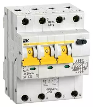 Выключатель автом. дифф. тока IEK АВДТ 34 MAD22-6-016-C-30 16A тип C 6kA A 4П 400В 4мод белый (упак.:1шт)