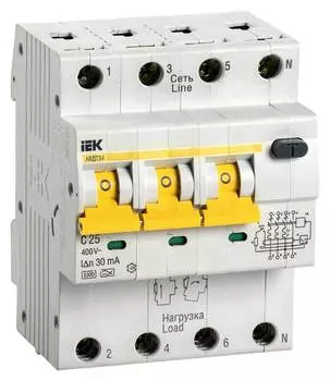 Выключатель автом. дифф. тока IEK АВДТ 34 MAD22-6-025-C-30 25A тип C 6kA A 4П 400В 4мод белый (упак.:1шт)