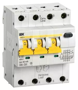 Выключатель автом. дифф. тока IEK АВДТ 34 MAD22-6-032-C-30 32A тип C 6kA A 4П 400В 4мод белый (упак.:1шт)