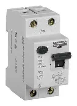 Выключатель дифф.тока УЗО IEK ВД1-63 Generica MDV15-2-016-030 16A 4.5kA AC 2П 230В 2мод серый (упак.:1шт)