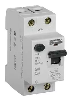 Выключатель дифф.тока УЗО IEK ВД1-63 Generica MDV15-2-040-030 40A тип C 4.5kA AC 2П 230В 2мод серый (упак.:1шт)