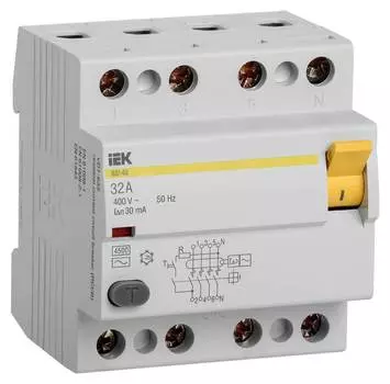 Выключатель дифф.тока УЗО IEK ВД1-63 MDV10-4-032-030 32A AC 4П 400В 4мод белый (упак.:1шт)
