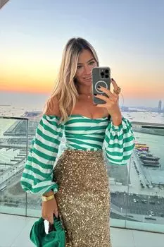 Кроп-топ бюстье с пышным рукавом в полоску