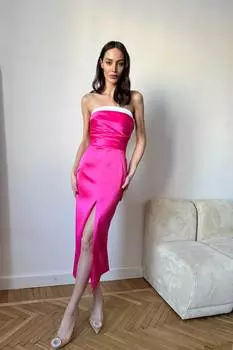 Платье-миди из атласа с контрастным отворотом