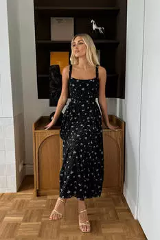 Платье-миди из шифона на бретелях и с рельефами на корсете