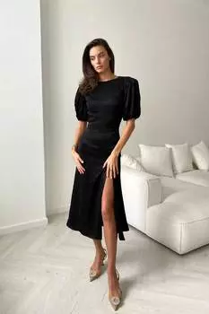 Платье-миди из вискозы с пышным рукавом и разрезом