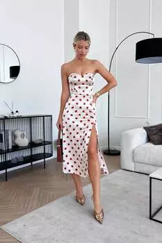 Платье-миди на корсетной основе из вискозы в горох с разрезом