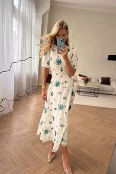 Платье-миди с юбкой-солнце и коротким рукавом