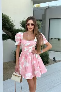 Платье-мини с квадратным вырезом и объемным рукавом