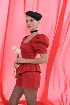 Топ из твида с квадратным вырезом и коротким рукавом