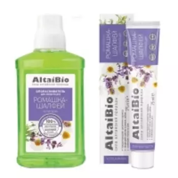 AltaiBio - Набор для ухода за полостью рта «Ромашка-шалфей»: ополаскиватель для полости рта 400 мл + зубная паста 75 мл