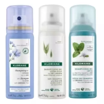 Klorane - Набор в косметичке (сухой шампунь для объёма волос 50 мл + сухой шампунь с молочком овса 50 мл + сухой шампунь детокс с экстрактом водной мяты 50 мл)