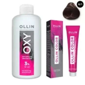 Ollin Professional Ollin Color - Набор (Перманентная крем-краска для волос, оттенок 6/1 темно-русый пепельный, 100 мл + Окисляющая эмульсия Oxy 3%, 150 мл)