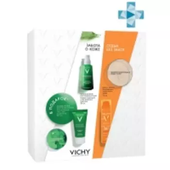 Vichy Набор летнего ухода за проблемной кожей: Capital Soleil Освежающий спрей-вуаль SPF50, 75 мл + Normaderm Phytosolution Корректирующий дневной уход 50 мл + Normaderm Phytosolution Очищающий гель для умывания 50 мл