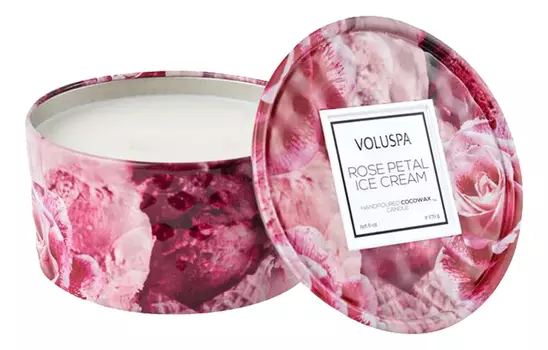 Ароматическая свеча Rose Petal Ice Cream (мороженное с лепестками роз): свеча в металлическом подсвечнике с крышкой и 2 фитилями 170г
