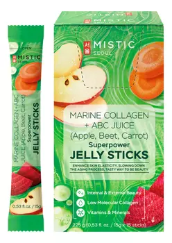 Коллагеновое желе со вкусом яблока и с органическим яблочно-морковно-свекольным соком в стиках Marine Collagen + ABC Juice Superpower Jelly Sticks 15г: Желе 15шт