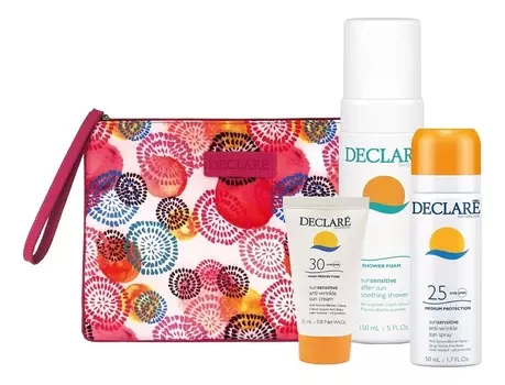 Набор для лица и тела Sun Sensitive (солнцезащитный омолаживающий спрей Anti-Wrinkle Spray SPF25 50мл + солнцезащитный омолаживающий крем Anti-Wrinkle Cream SPF30 25мл + успокаивающая пенка для душа после загара After Sun Soothing Shower Foam 150мл + косметичка)
