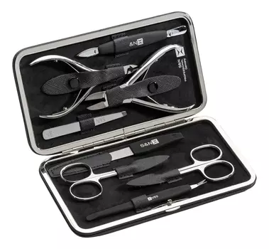 Набор (ножницы + кусачки д/кутикулы + пинцет + пилка + шабер + триммер + кусачки д/педикюра + ножницы д/кутикулы): Набор черный (8001)