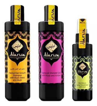 Набор (стимулирующий шампунь для роста волос 250мл + гель для душа с мускусом и амброй 250мл + квасцовый дезодорант-спрей с удом 100мл)