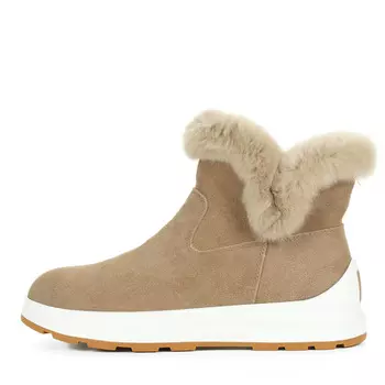 Бежевые ботинки из велюра с декоративной опушкой на подкладке из натуральной шерсти