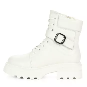 Ботинки рисового цвета из кожи на шнуровке и ремне на подкладке из натуральной шерсти на утолщенной тракторной подошве