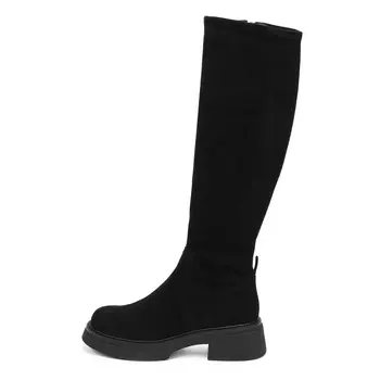 Черные сапоги из комбинированных материалов на подкладке из меха и текстиля на утолщенной подошве с квадратным каблуком