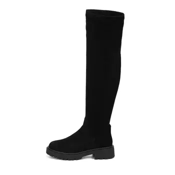 Черные зимние ботфорты из велюра и стрейча