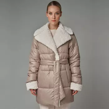 Пуховик женский укороченный двубортный тёмно-бежевый