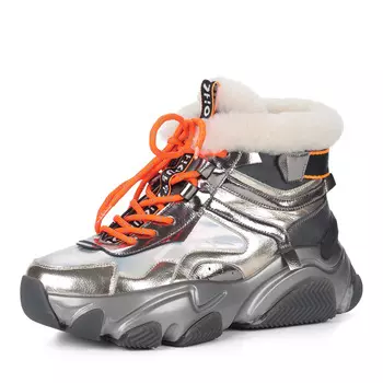 Серебряные кроссовки из комбинированных материалов на утолщенной подошве