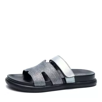 Шлепанцы из текстиля и кожи серебристого цвета