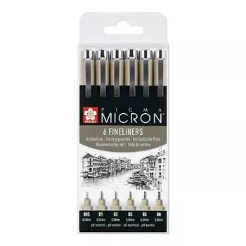 Набор капиллярных ручек Sakura Pigma Micron, 6 штук (0.2 мм, 0.25 мм, 0.3 мм, 0.35 мм, 0.45 мм, 0.5 мм), цвет чернил: черный