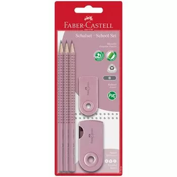 Набор карандашей чернографитных Faber Castell Grip 2001, 3 штуки, В, трехгранные, заточенные + точилка и ластик Sleeve