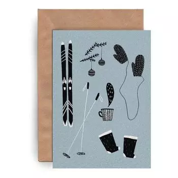 Открытка Yetti Лыжи, варежки - зима