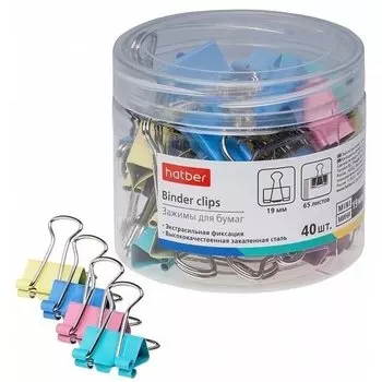 Зажимы для бумаг Hatber 19 мм, 40шт., цветные
