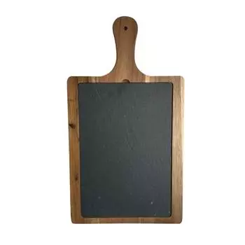 Блюдо для подачи прямоугольное 45*25см с ручкой, сланец, на деревянной подставке MGProf | WB-004