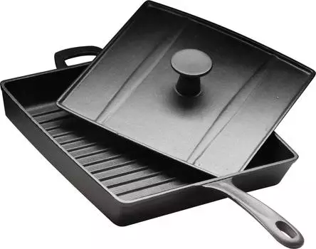 Сковорода чугунная рифленая Luxstahl HEGP30 270х270мм Цыплята табака с крышкой-прессом