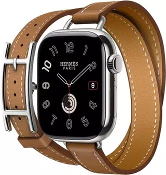 Apple Watch Series 10 Hermes, 42 мм, титановый корпус, двойной ремешок из телячьей кожи Hapi Attelage Gold Swift