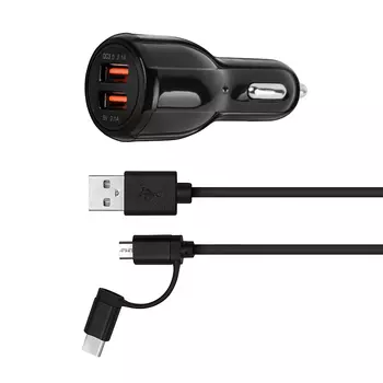Автомобильное зарядное устройство с кабелем USB Type C + micro USB, черный