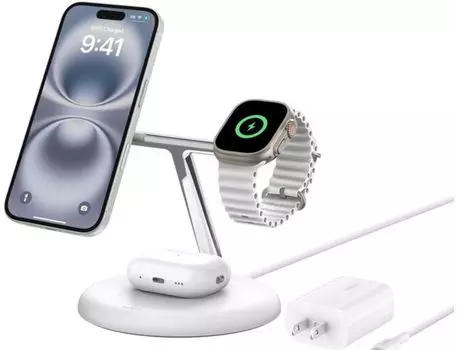 Беспроводное зарядное устройство Belkin Boost Charge 3in1 MagSafe Qi2, 15 Вт, белый