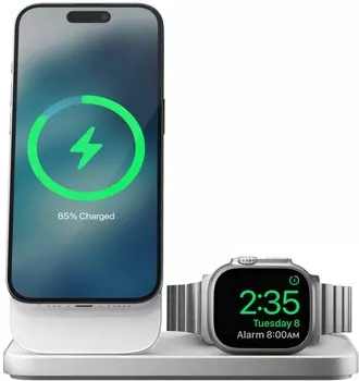 Беспроводное зарядное устройство Nomad Stand One Max 3-in-1 MagSafe, 15Вт, Qi2, серебристый