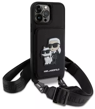 Чехол Lagerfeld Saffiano Crossbody Karl & Choupette Cardslot для iPhone 15 Pro Max, черный