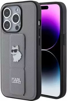 Чехол Lagerfeld Saffiano GripStand Choupette для iPhone 15 Pro, серебристый